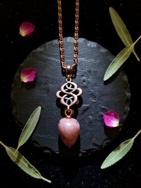 Classy Feminine Rhodonite Drop Necklace - Celtic Knot Copper Connector & Chain